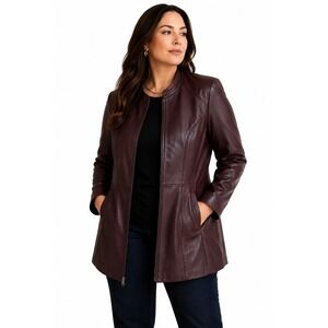 D&Co Genuine Leather Jacket Women 1X Oxblood Aubergine Longline Quiet Luxury